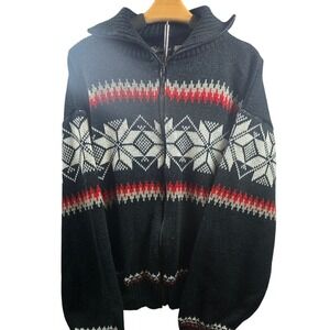 Blair Mens Vintage Nordic‎ Snowflake Full Zip Sweater Black Red XL 478902
